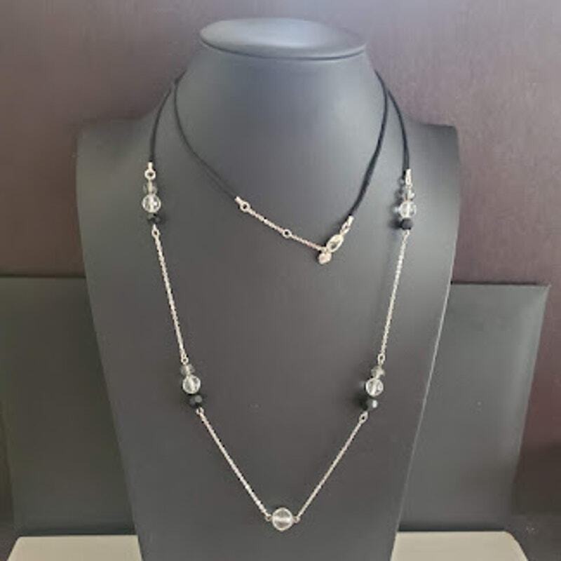 Swarovski Necklace With Crystals And Black Beads On Satin A Cord Swan Signed